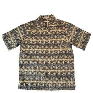 GEOFFREY BEANE Tribal Leaf Button Up Hawaiian Shirt Men Small Taupe Multi Casual